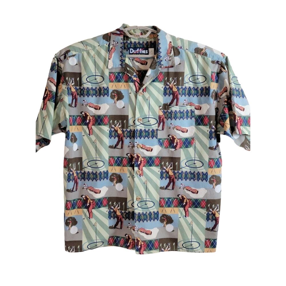 Duffies Button Up Shirt Mens Large Green Made In USA Golf Outdoor Colorful!!